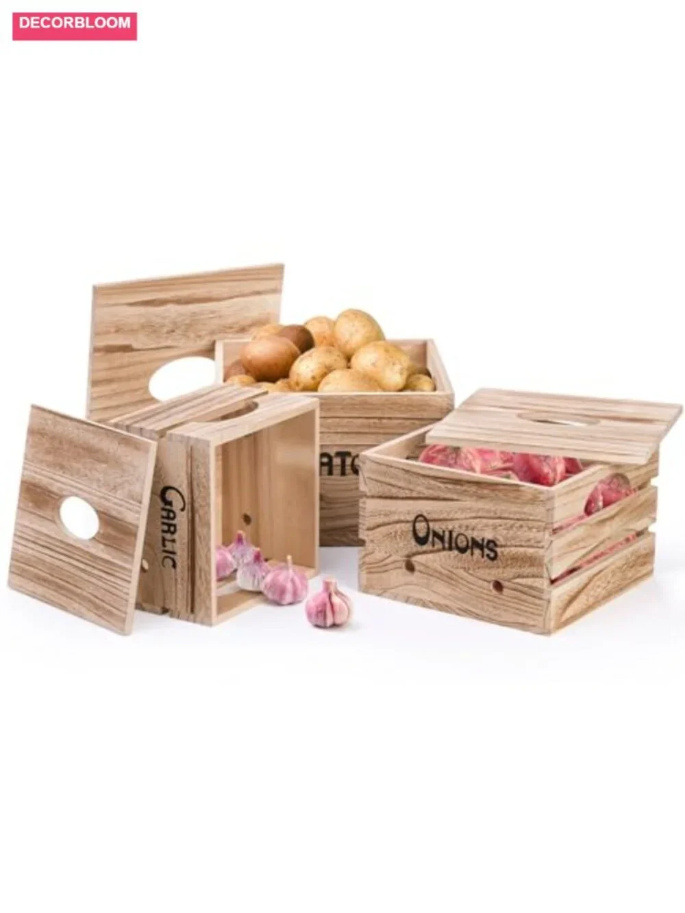 Wooden Vegetable Storage Bins Set with Lids and Ventilation Holes